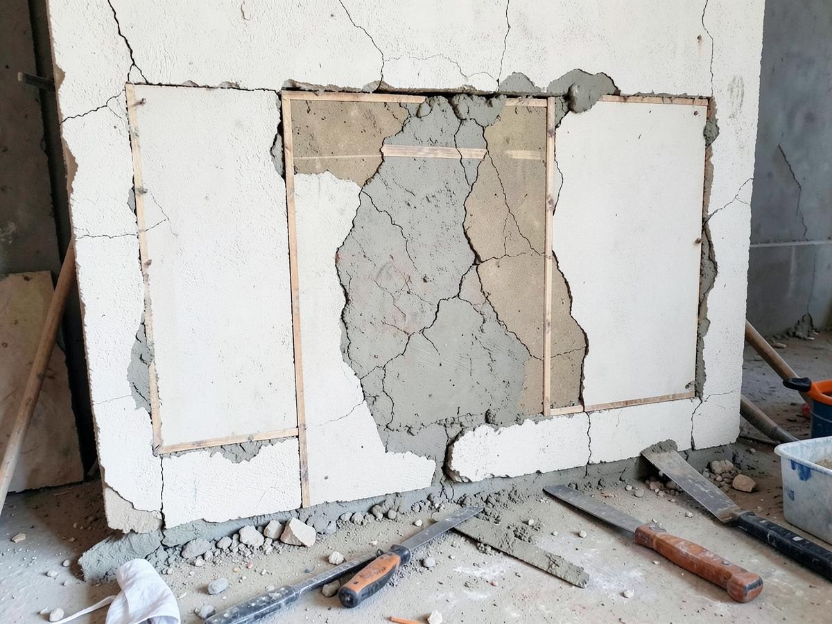 Cracked stucco wall section being patched and color-matched in Kalispell, MT
