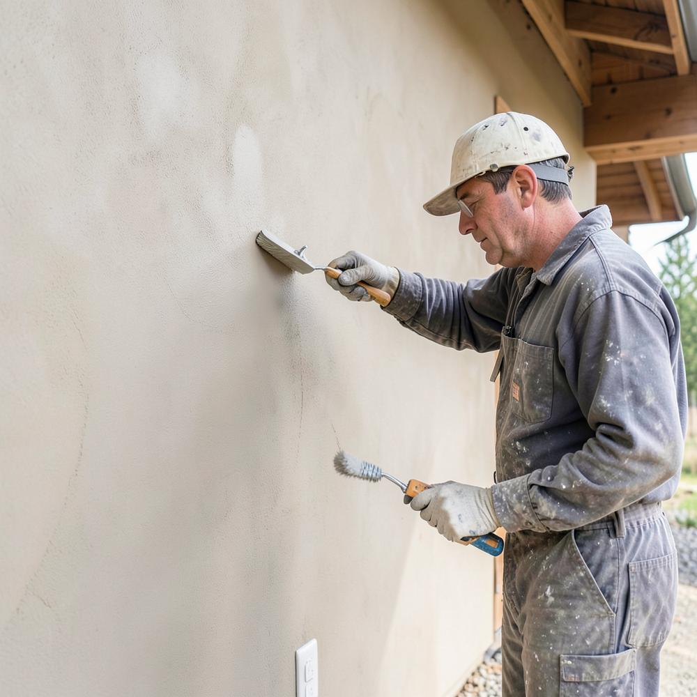 DL Construction craftsman on a stucco project site in Kalispell, Montana